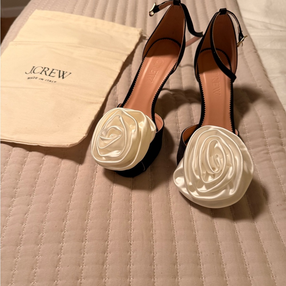 J. Crew Black Satin Ankle-Strap Heels with Ivory Rose Appliqués
